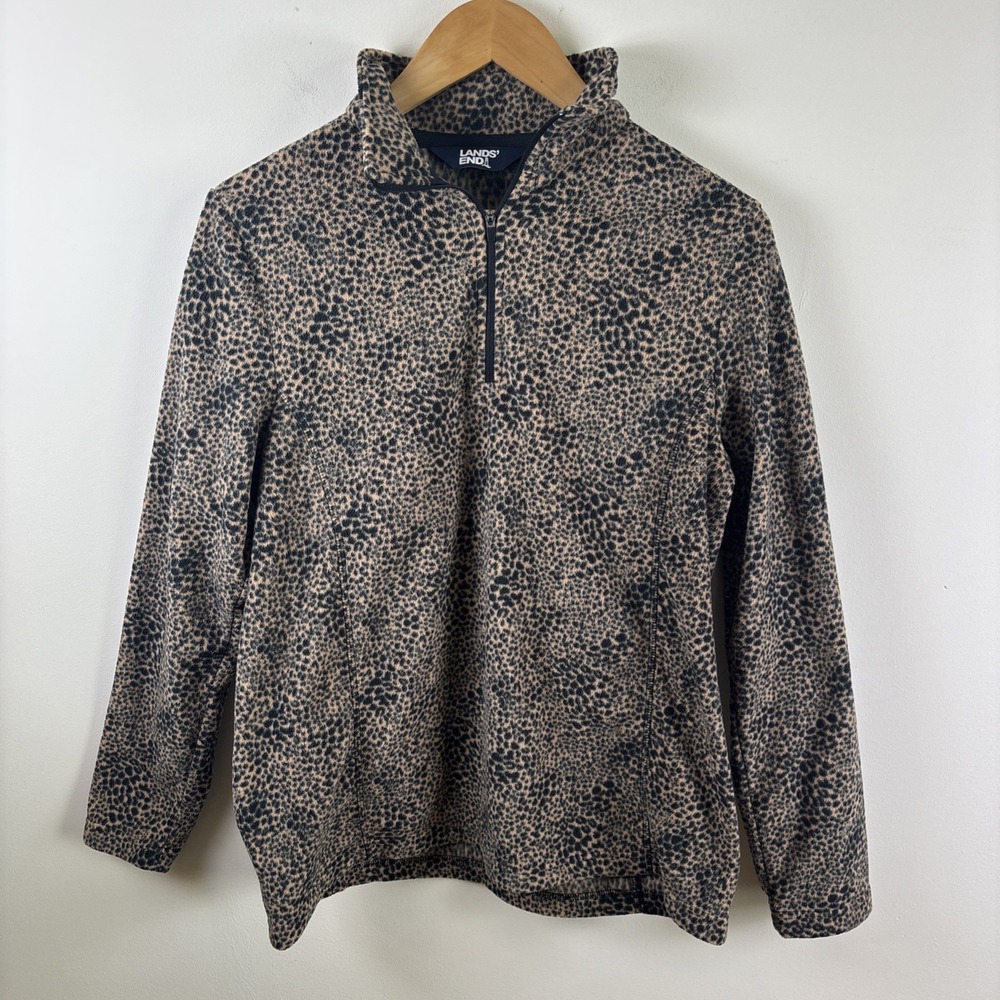 Lands End Fleece Pullover Womens Sz M Leopard 1/4 Zip Shirt Outdoor Warm‎